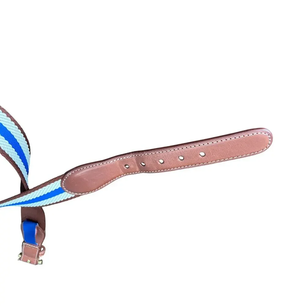 Collared Greens Sz 38 Dockside Navy Ivory Brown Leather Canvas Belt Brass Buckle